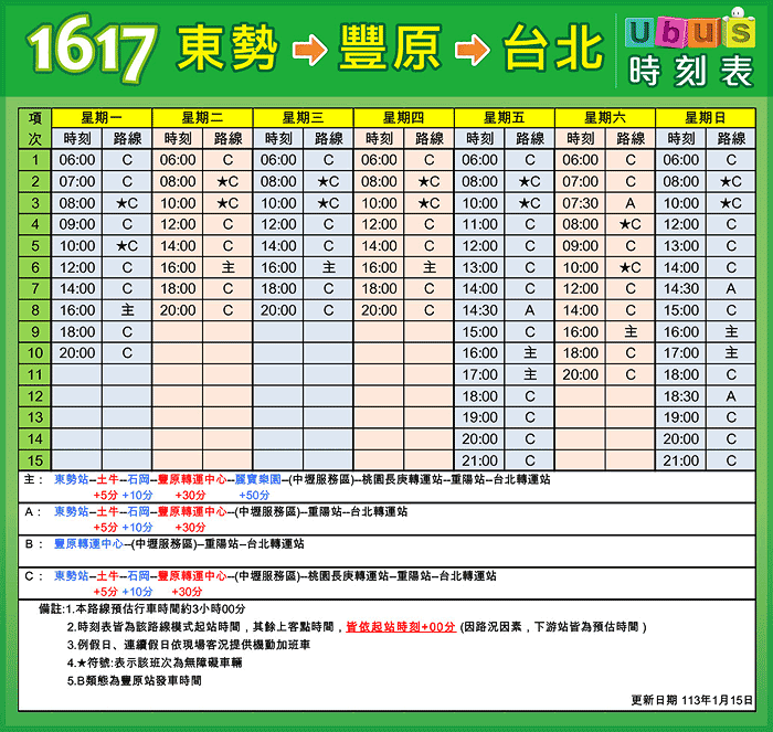統聯客運1617 時刻表（豐原到台北）