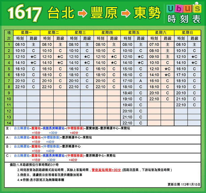 統聯客運1617 時刻表（台北 - 豐原）
